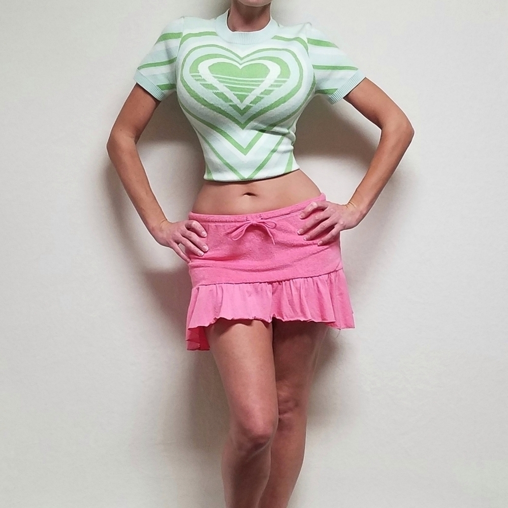 90s Vintage Maurices Bubblegum Pink Terrycloth Extra Low Rise Ultra Mini Skirt M - Picture 2 of 14